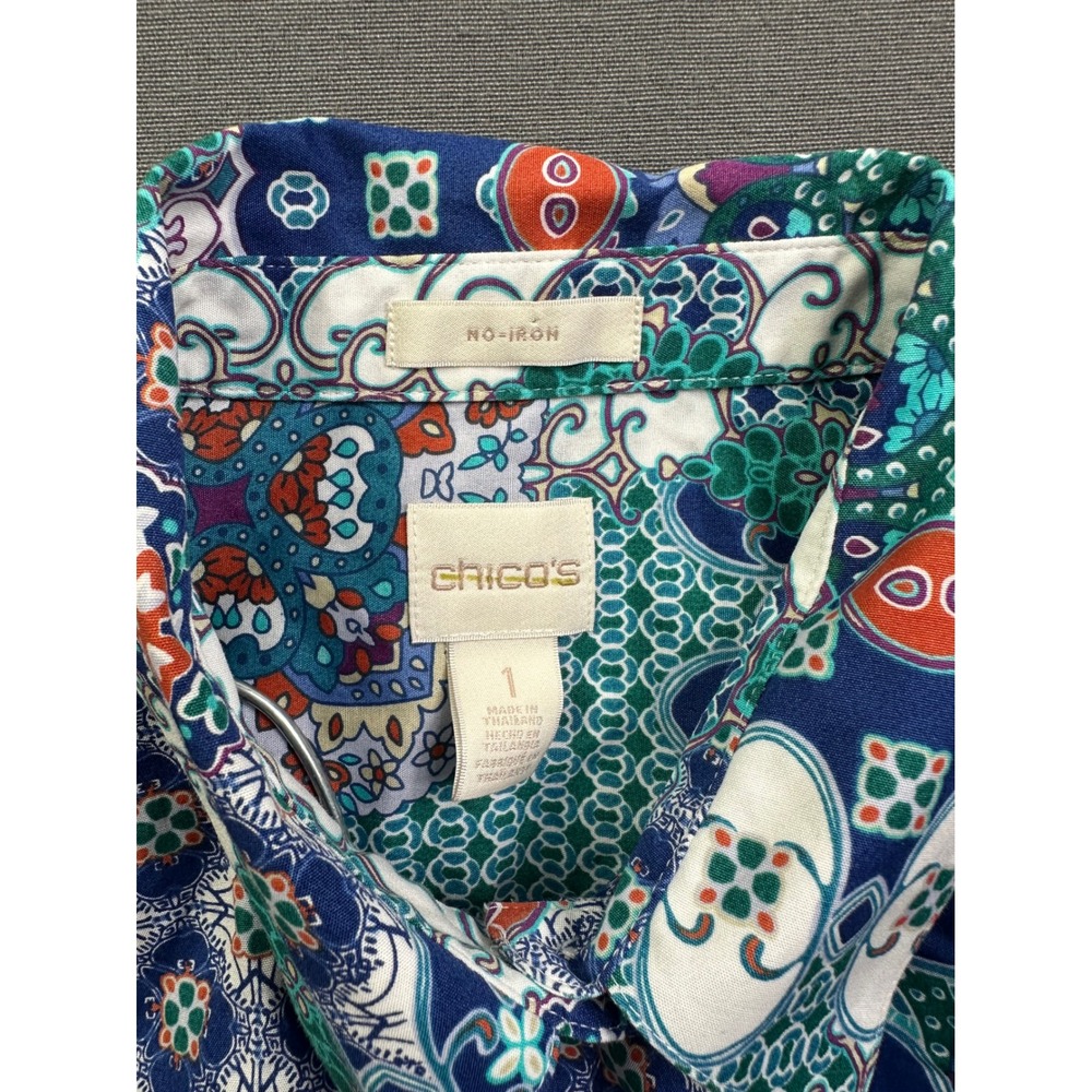 Chicos No-Iron Button Down Shirt Blue Green Boho Patchwork Print Women's Size 1